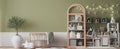 Nursery design, wooden furniture in green baby room, Scandinavian style