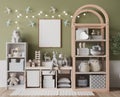 Nursery design, wooden furniture in green baby room, Scandinavian style Royalty Free Stock Photo