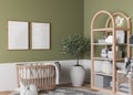 Nursery design, wooden furniture in green baby room, Scandinavian style Royalty Free Stock Photo