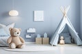 Nursery interior. Bed, toys, photo frame backdrop. Boys blue bedroom. Children's Playroom Royalty Free Stock Photo