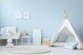 Nursery interior. Bed, toys, photo frame backdrop. Boys blue bedroom. Children's Playroom Royalty Free Stock Photo