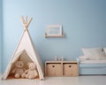 Nursery interior. Bed, toys, photo frame backdrop. Boys blue bedroom. Children's Playroom Royalty Free Stock Photo