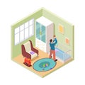 Nursery interior. Isometric father and son in kids room. Vector nursery room furniture