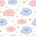 Nursery pattern vector illustration. Seamless hand drawn baby clouds. Good for children, kids, and kindergarten wallpaper. Pink Royalty Free Stock Photo