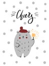 Nursery poster kids Hand drawn christmas illustration with lettering and drawing - text cheers and bear with sparkler Royalty Free Stock Photo