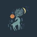 Nursery poster with ornate animal, deer wall art with night space elements. Forest inhabitant