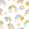 Nursery rainbows seamless pattern. Vector background with cute baby shower elements in simple hand-drawn Scandinavian