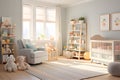 Nursery room bathed in soft morning light. AI Generated Royalty Free Stock Photo