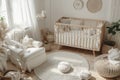 A nursery room with a white crib, a rocking chair, and a rug