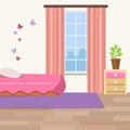 Nursery room with white furniture. Baby pink stripe interior. Girl room design with bed, crib mobile, chest of drawers Royalty Free Stock Photo