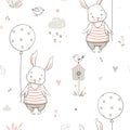 Cute bunny with air balloon, Nursery seamless pattern