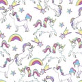 Nursery seamless pattern. Fantasy pattern with rainbow unicorns, flowers, comets and stars. Colorful bright vector background Royalty Free Stock Photo
