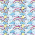 Nursery seamless pattern. Fantasy pattern with rainbow unicorns, flowers, comets and stars. Colorful bright vector background