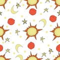 Nursery seamless pattern. Hand drawn solar system, stars, planets, spaceships, rockets