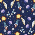 Nursery seamless pattern. Hand drawn solar system, stars, planets, spaceships, rockets