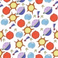 Nursery seamless pattern. Hand drawn solar system, stars, planets, spaceships, rockets