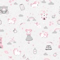 Nursery seamless pattern with princess, unicorn, castle, carriage. Vector childish background in hand-drawn scandinavian Royalty Free Stock Photo