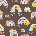Nursery seamless pattern with rainbows, planets, clouds. Vector background with cute baby shower elements in simple hand