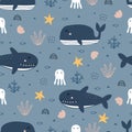 Nursery seamless pattern whale and shark in the sea hand drawn design in cartoon style