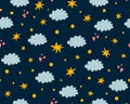 Nursery stars pattern. Night sky background. Cute childish stars, clouds seamless background. Baby print. Sleepy wallpaper Royalty Free Stock Photo