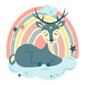 Nursery Vector illustration in cartoon style. Cute deer sleeping on cloud, rainbow and stars. For baby room, baby shower, greeting Royalty Free Stock Photo