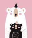 Cute White Big Bear with Little Black Baby Bear Isolated on a Light Pink Background.