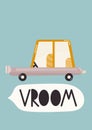 Nursery Wall Art Cute Poster with Cartoon Car. Vector Print for Baby Room