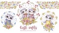 Nursery Watercolor cute family owls in boho style. Hand painted watercolour Funny cartoon animals character.