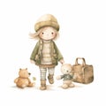 Charming Watercolor Illustration Of A Little Girl With Teddy Bears