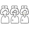 Nurses in a cap with a cross. One in glasses, the other in a medical mask. Vector set of icons. Doctor anonymous. Isolated.