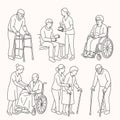 Nurses, doctors, social workers helping, supporting elderly people. Help, support for elderly people in hospital and nursing home Royalty Free Stock Photo
