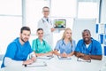 team of male and female nurses and general practitioner with laptop Royalty Free Stock Photo