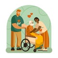 Nurses standing near man on wheelchair and caring. Voluntary community assistance to people