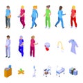 Nursing assistant icons set isometric vector. Old people Royalty Free Stock Photo