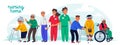 Nursing home concept. Group of elderly people and social workers. Horizontal banner or cover. Senior people healthcare