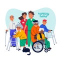 Nursing home concept. Group of elderly people and social workers on white background. Senior people healthcare