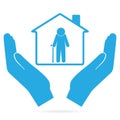 Nursing home for elderly in hand blue icon