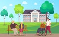 Nursing home. Elderly people walk outdoors in good weather near building, care for retirees