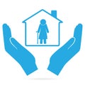 Nursing home for elderly woman in hand blue icon