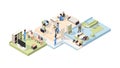 Nursing home isometric. Elderly male and female characters lifestyle healthcare activity professional medical stuff