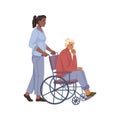 Nursing home nurse pushing wheelchair of granny