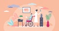 Nursing home vector illustration. Elderly support home tiny persons concept