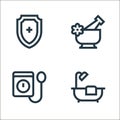 nursing line icons. linear set. quality vector line set such as bathtub, blood pressure, mortar