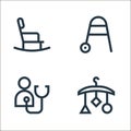 nursing line icons. linear set. quality vector line set such as crib toy, stethoscope, walker