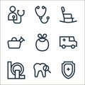 nursing line icons. linear set. quality vector line set such as life insurance, tooth, tomography, ambulance, baby bib, urinal,