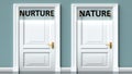 Nurture and nature as a choice - pictured as words Nurture, nature on doors to show that Nurture and nature are opposite options