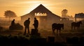 The silhouettes of farmers tending to crops, livestock, and traditional crafts