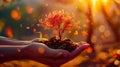 Nurturing Growth: Hands Cradling a Young Tree. Generative ai