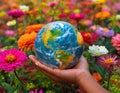 A nurturing hand holding a perfect globe of the Earth surrounded by vibrant flowering plants