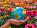 A nurturing hand holding a perfect globe of the Earth surrounded by vibrant flowering plants